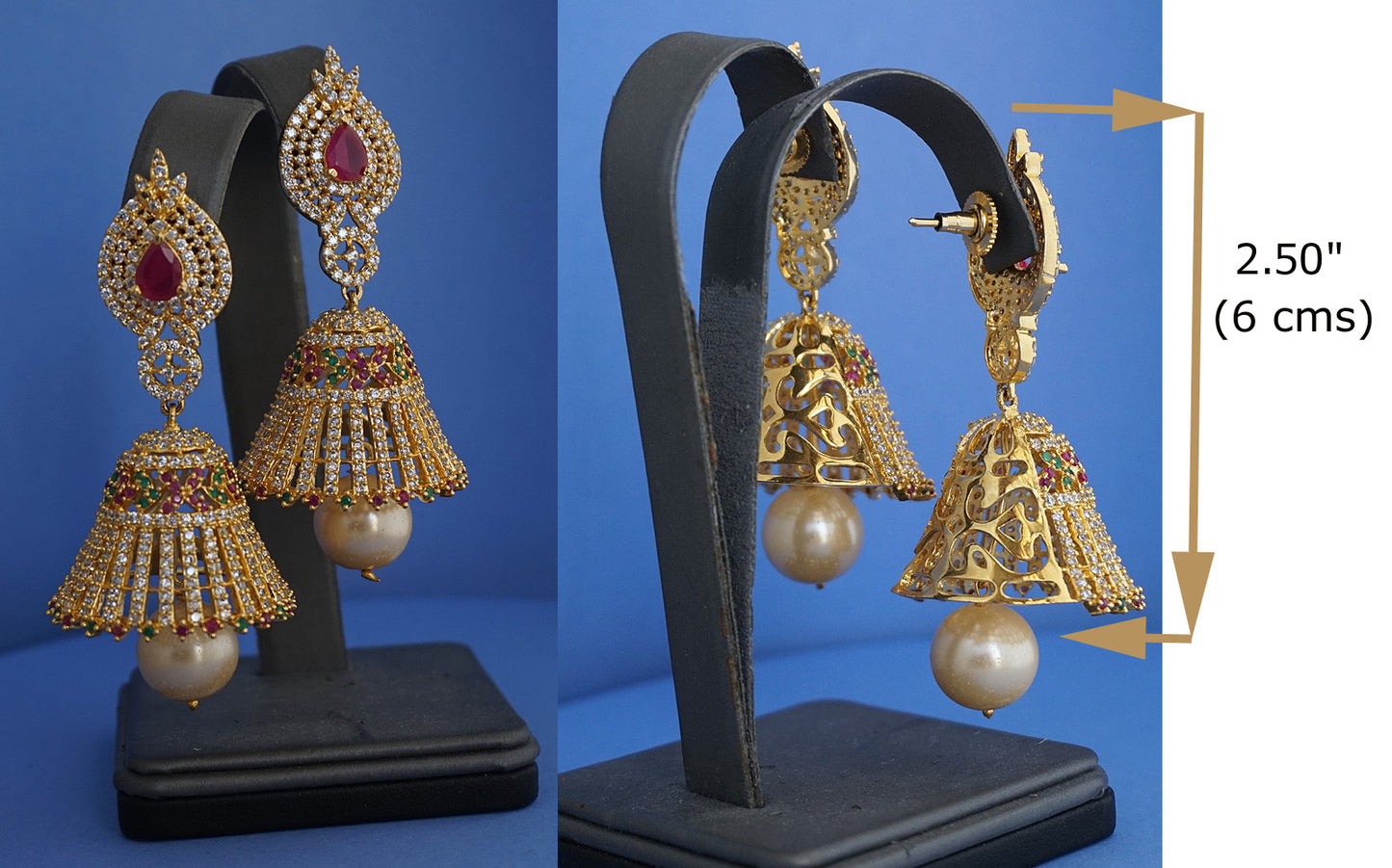 Bell earrings studded with cubic zirconia and pearls