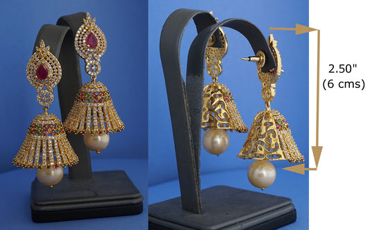 Bell earrings studded with cubic zirconia and pearls