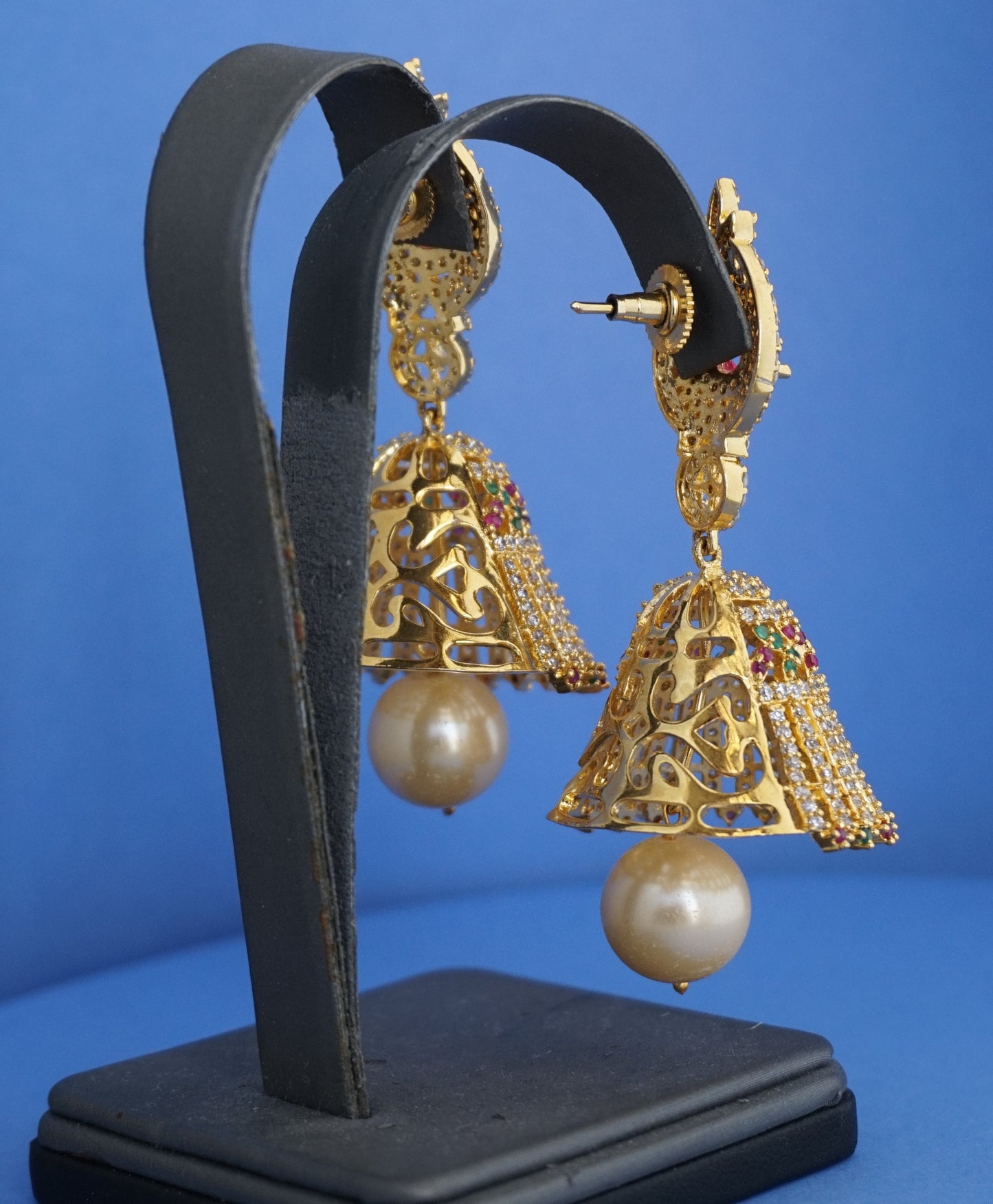 Bell earrings studded with cubic zirconia and pearls