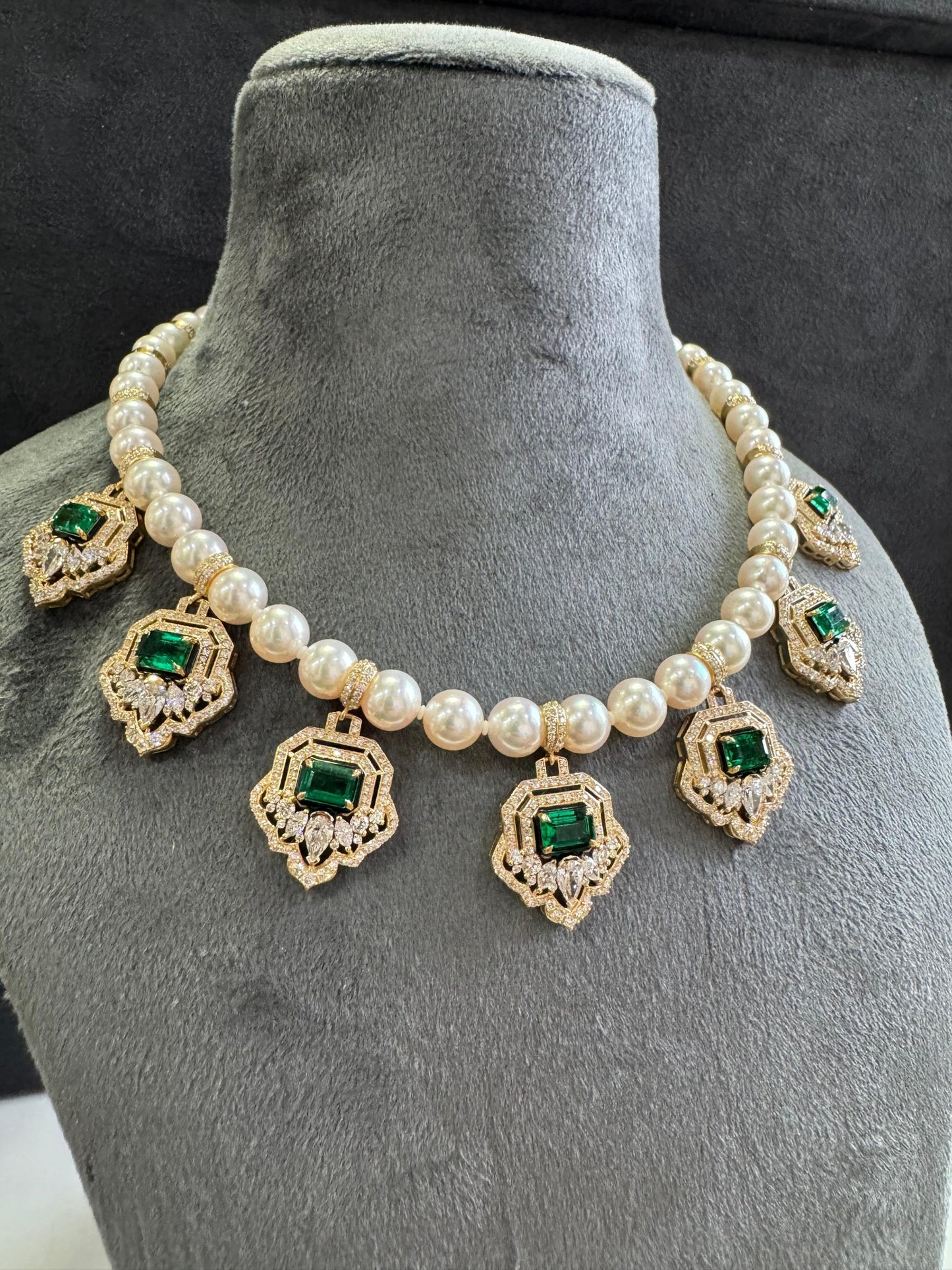 18k Gold Akoya Pearl Necklace studded with Diamonds and Emeralds