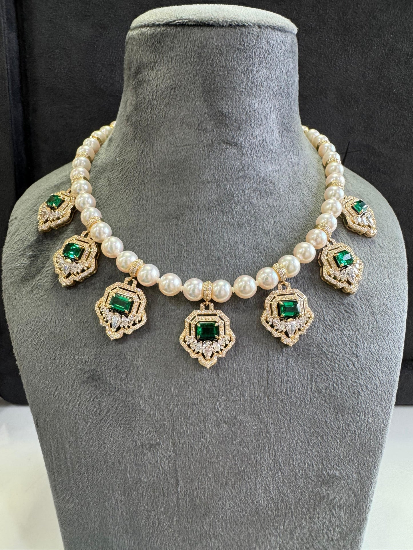 18k Gold Akoya Pearl Necklace studded with Diamonds and Emeralds