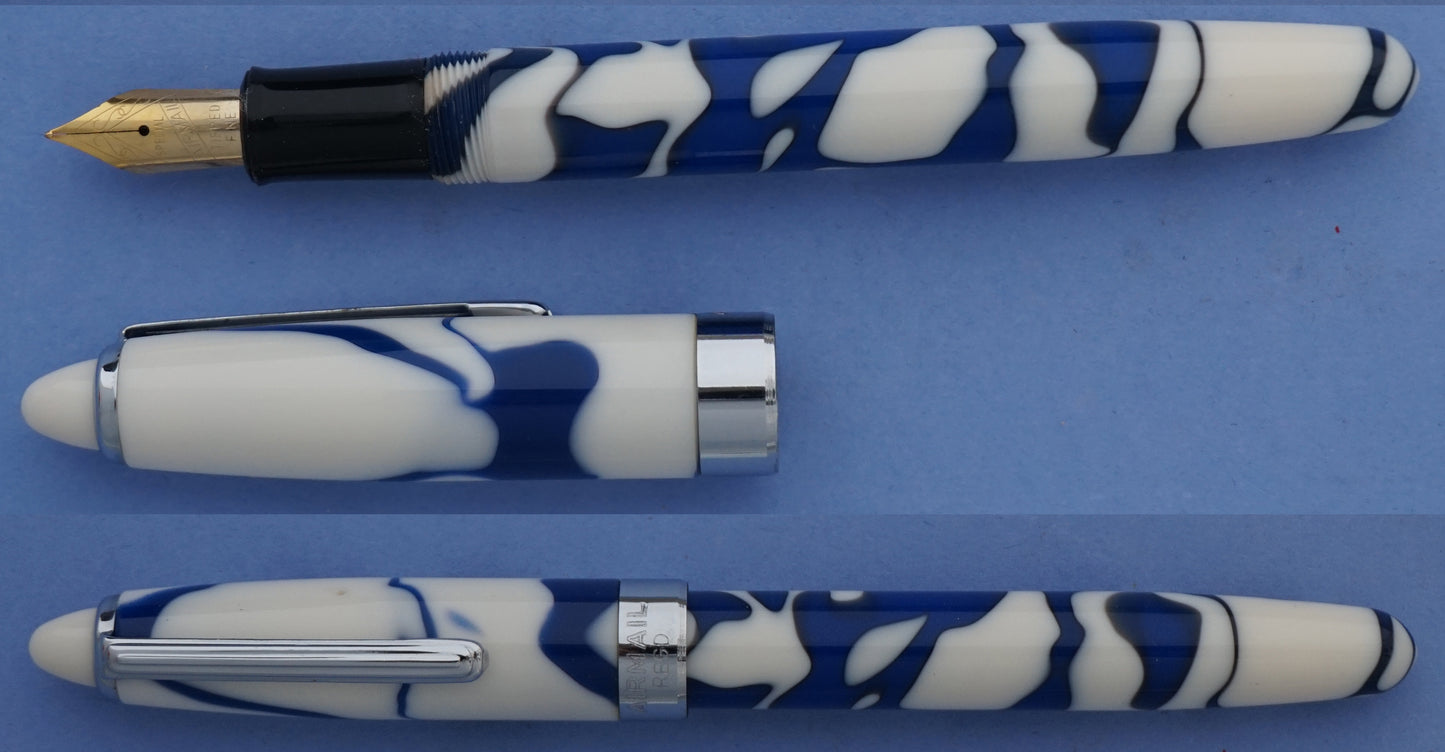 Airmail eye dropper Blue and White Marbled Fountain Pen Gold nib huge ink capacity