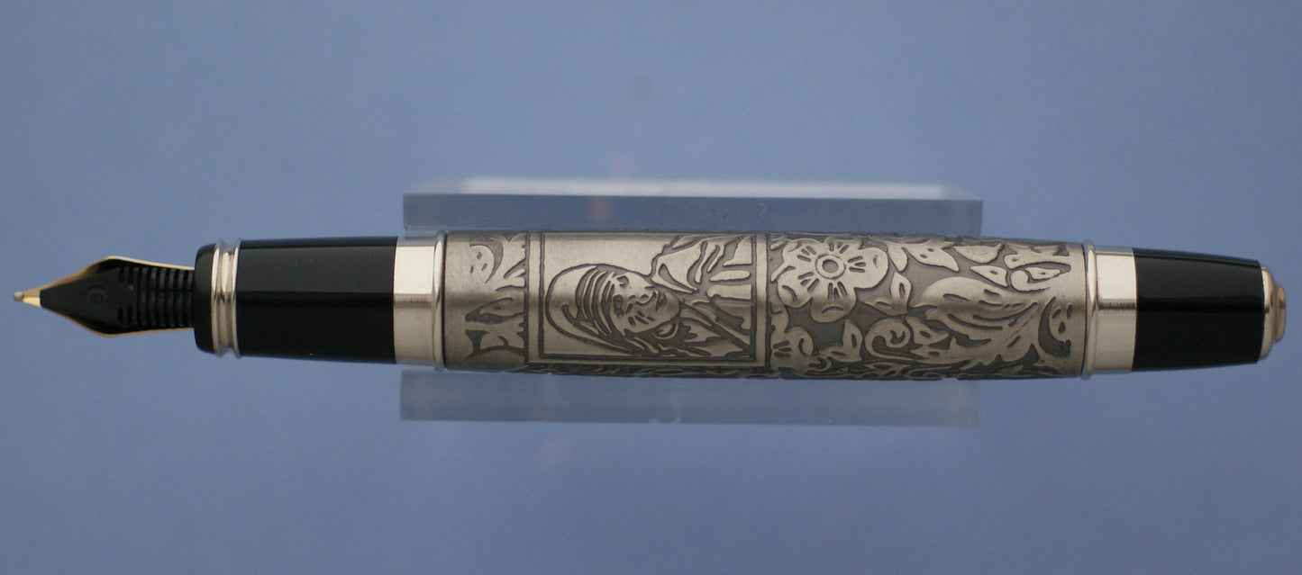 Fountain pen engraved with flower design sketch of Mother Teresa