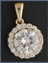 14k Gold round pendant studded with one carat cubic zirconia